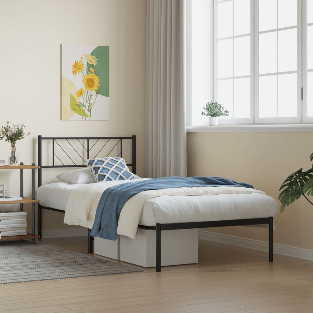 Metal Bed Frame without Mattress with Headboard Black 100x190cm