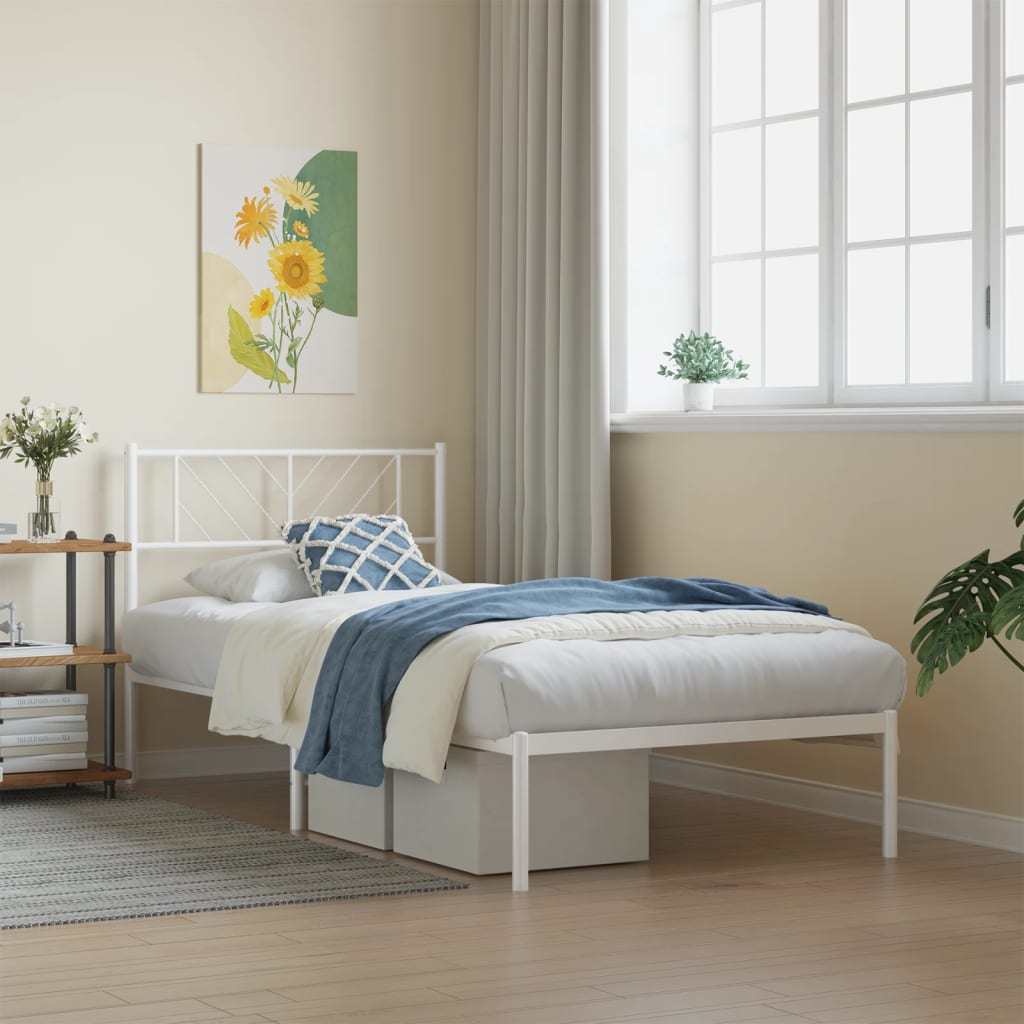 Metal Bed Frame without Mattress with Headboard White 100x190cm