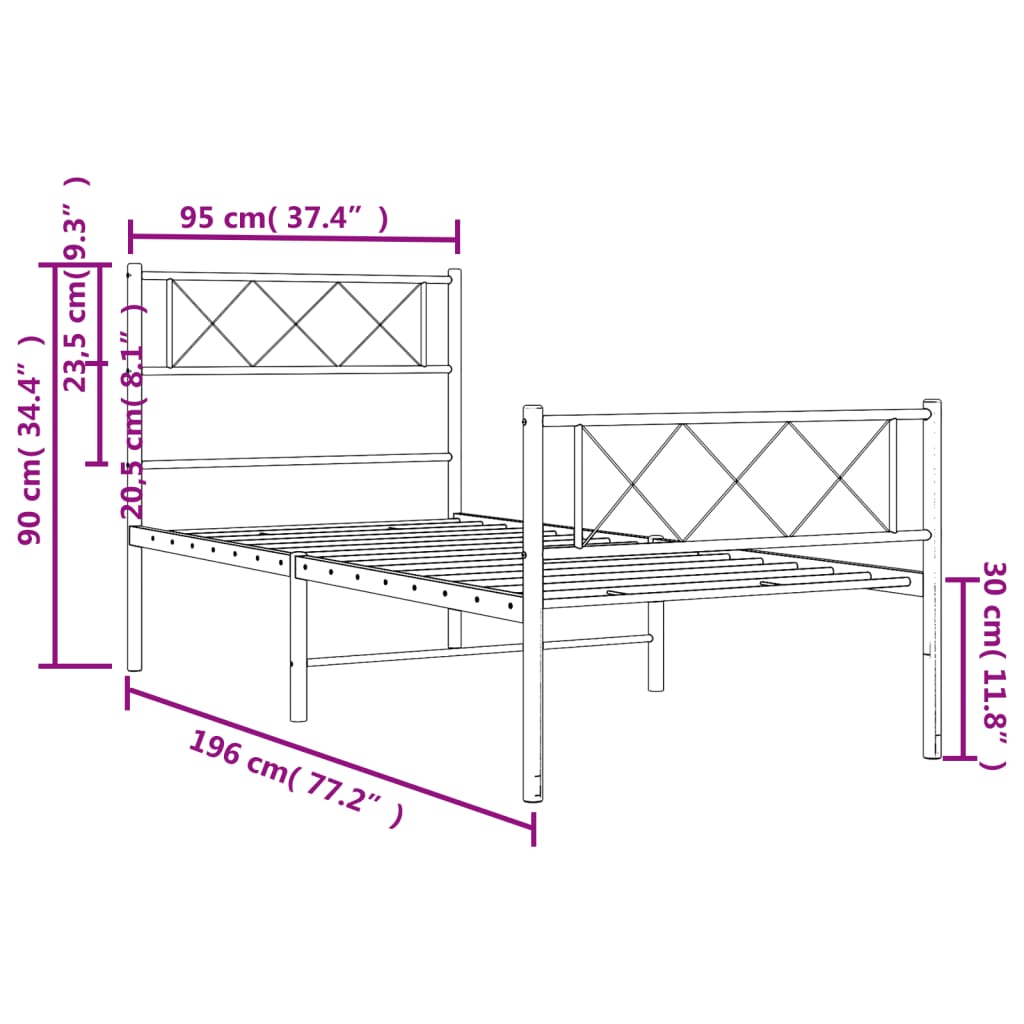 Metal Bed Frame without Mattress with Footboard Black 90x190cm