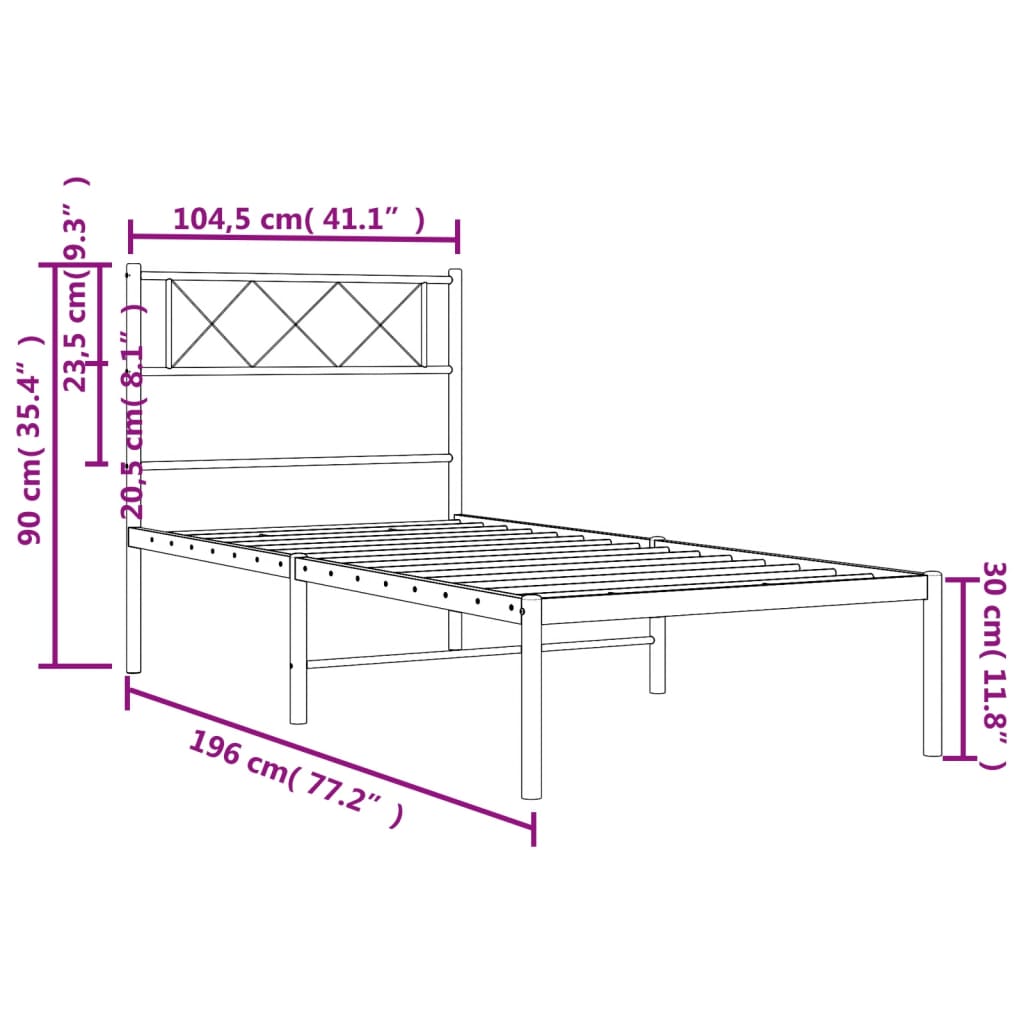 Metal Bed Frame without Mattress with Headboard White 100x190cm