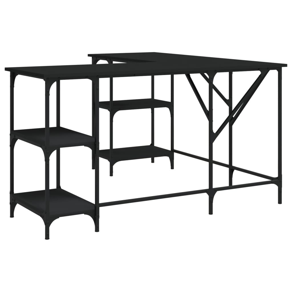Industrial Wooden L-Shape Home Office Corner Computer Desk With Open Storage Shelves