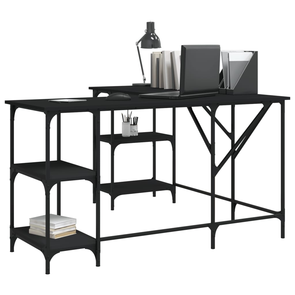 Industrial Wooden L-Shape Home Office Corner Computer Desk With Open Storage Shelves
