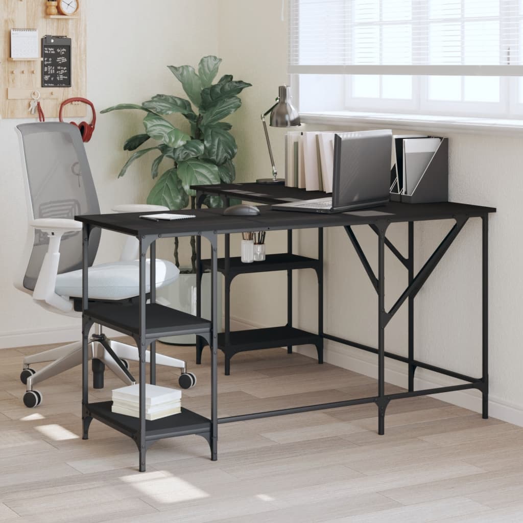 Industrial Wooden L-Shape Home Office Corner Computer Desk With Open Storage Shelves