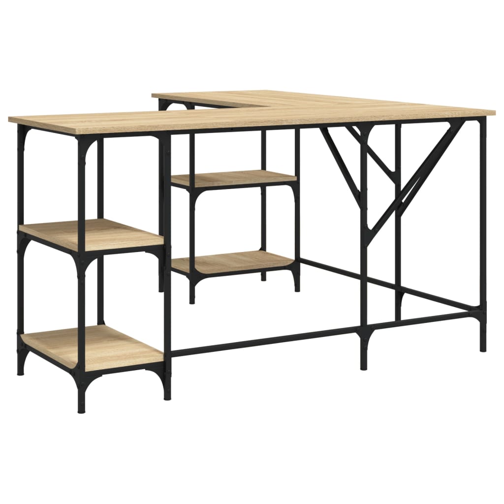 Industrial Wooden L-Shape Home Office Corner Computer Desk With Open Storage Shelves
