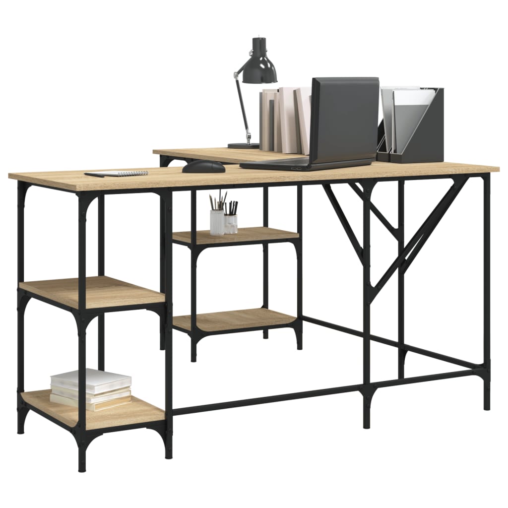 Industrial Wooden L-Shape Home Office Corner Computer Desk With Open Storage Shelves