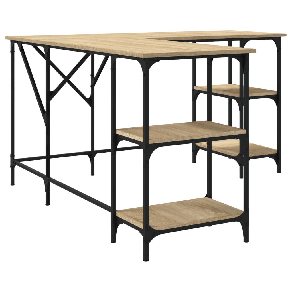 Industrial Wooden L-Shape Home Office Corner Computer Desk With Open Storage Shelves