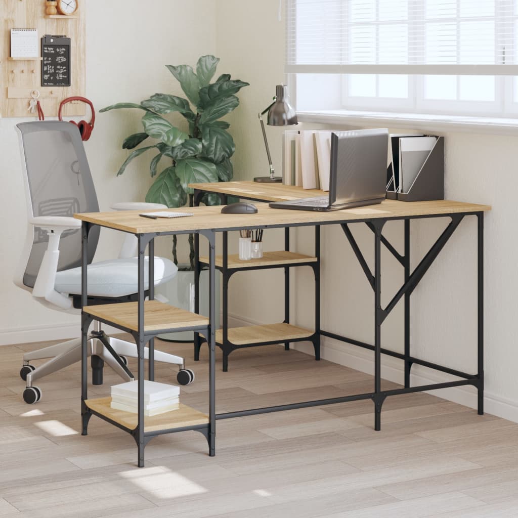 Industrial Wooden L-Shape Home Office Corner Computer Desk With Open Storage Shelves