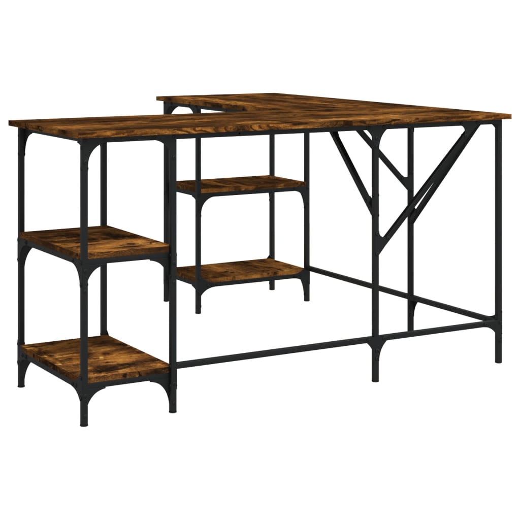 Industrial Wooden L-Shape Home Office Corner Computer Desk With Open Storage Shelves