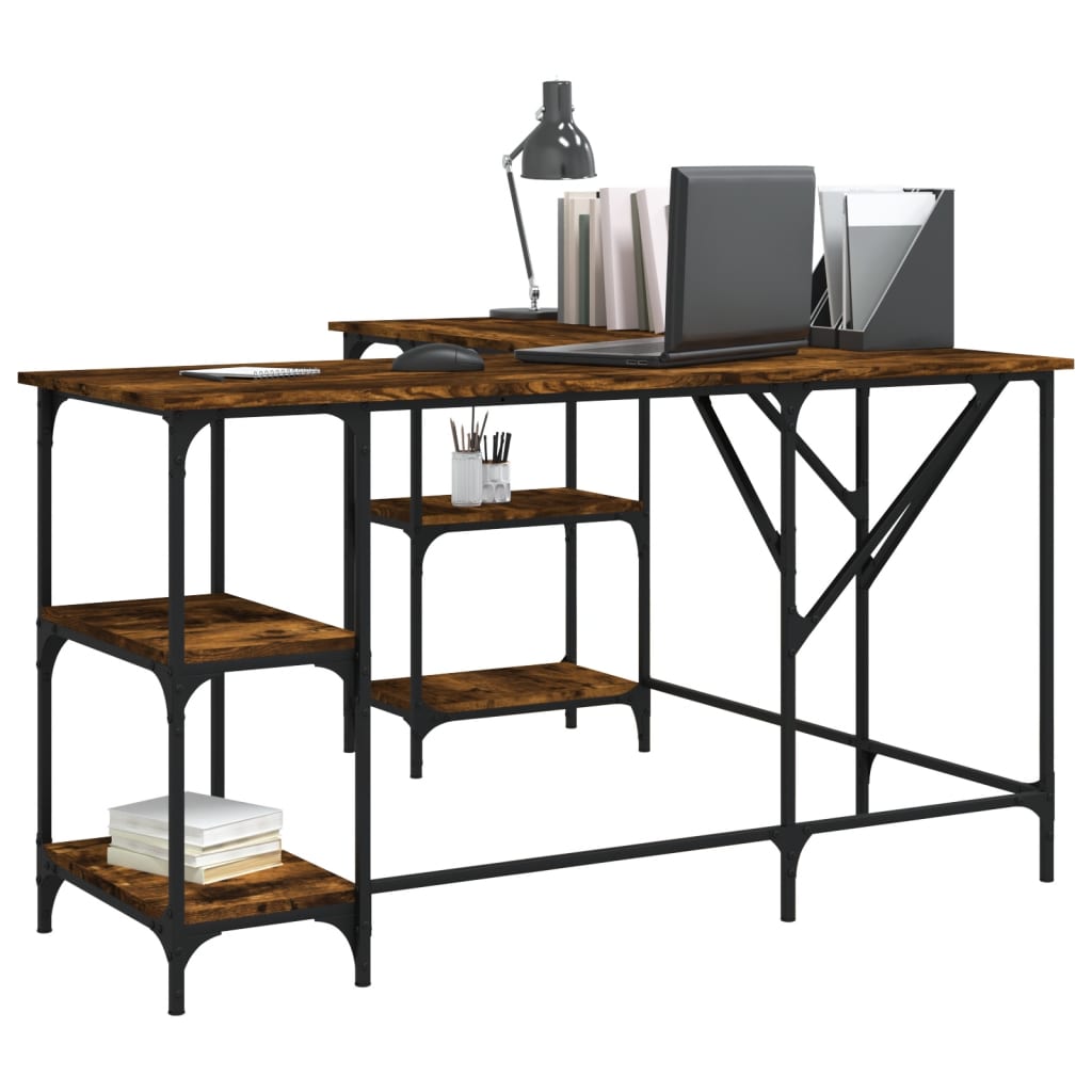 Industrial Wooden L-Shape Home Office Corner Computer Desk With Open Storage Shelves