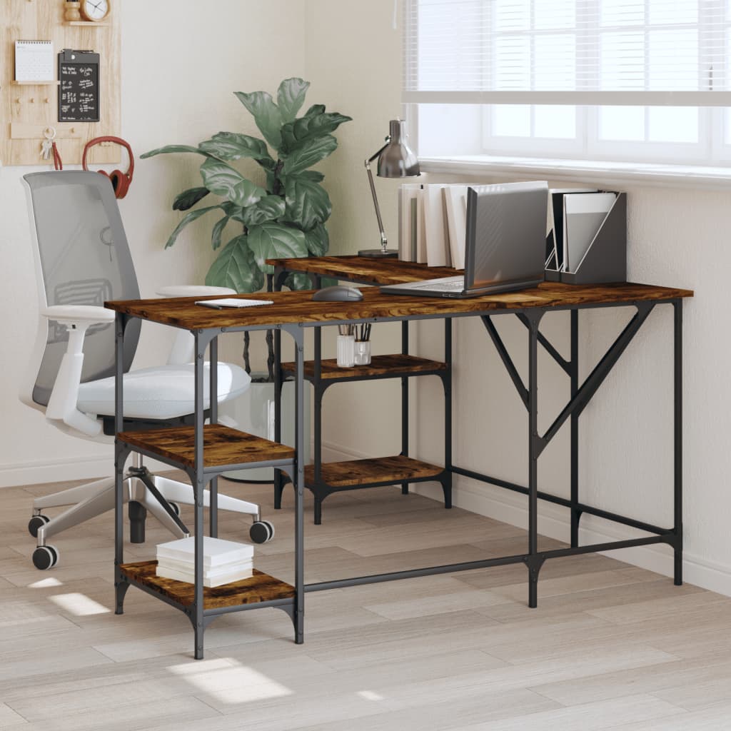 Industrial Wooden L-Shape Home Office Corner Computer Desk With Open Storage Shelves