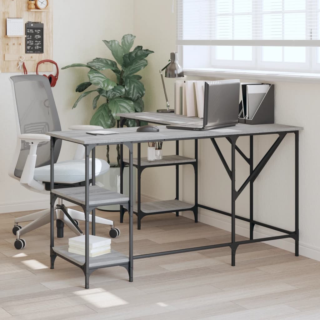 Industrial Wooden L-Shape Home Office Corner Computer Desk With Open Storage Shelves