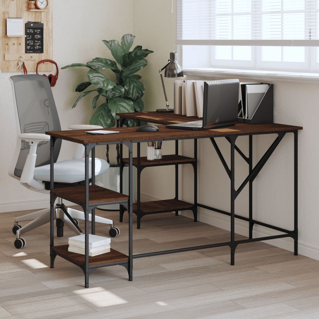 Industrial Wooden L-Shape Home Office Corner Computer Desk With Open Storage Shelves
