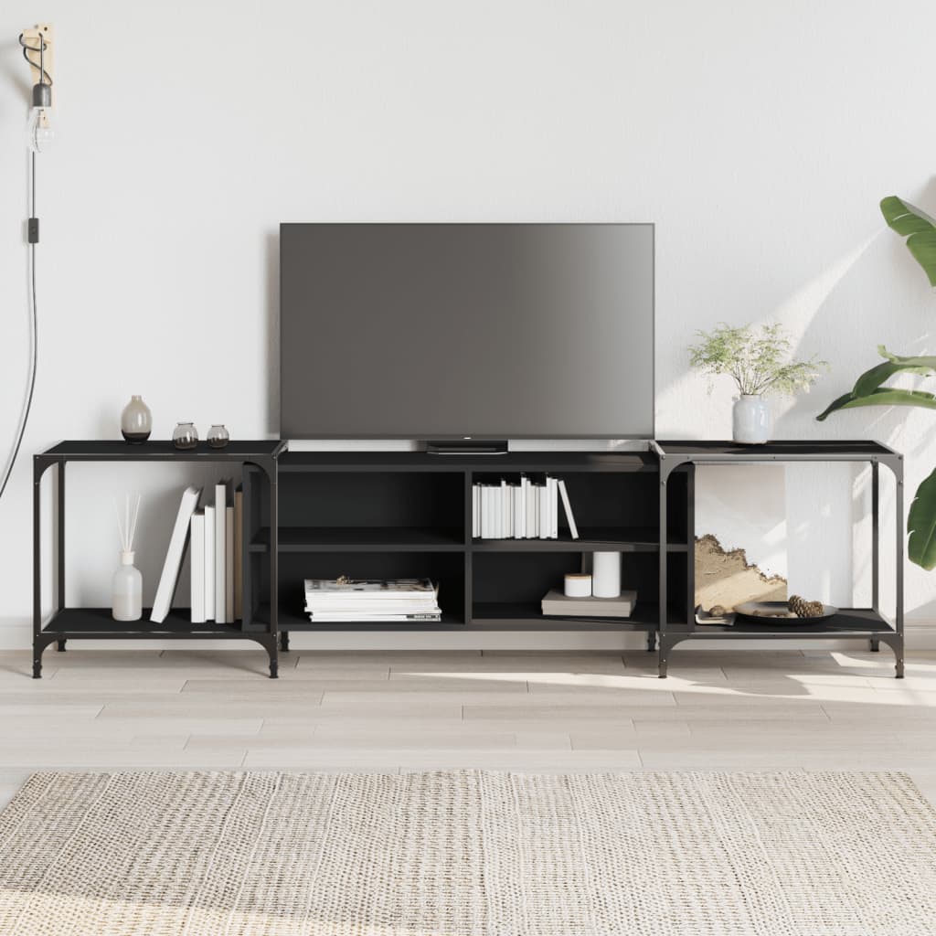 Industrial Wooden Wide TV Tele Stand Unit Cabinet With Open Storage Shelves Wood