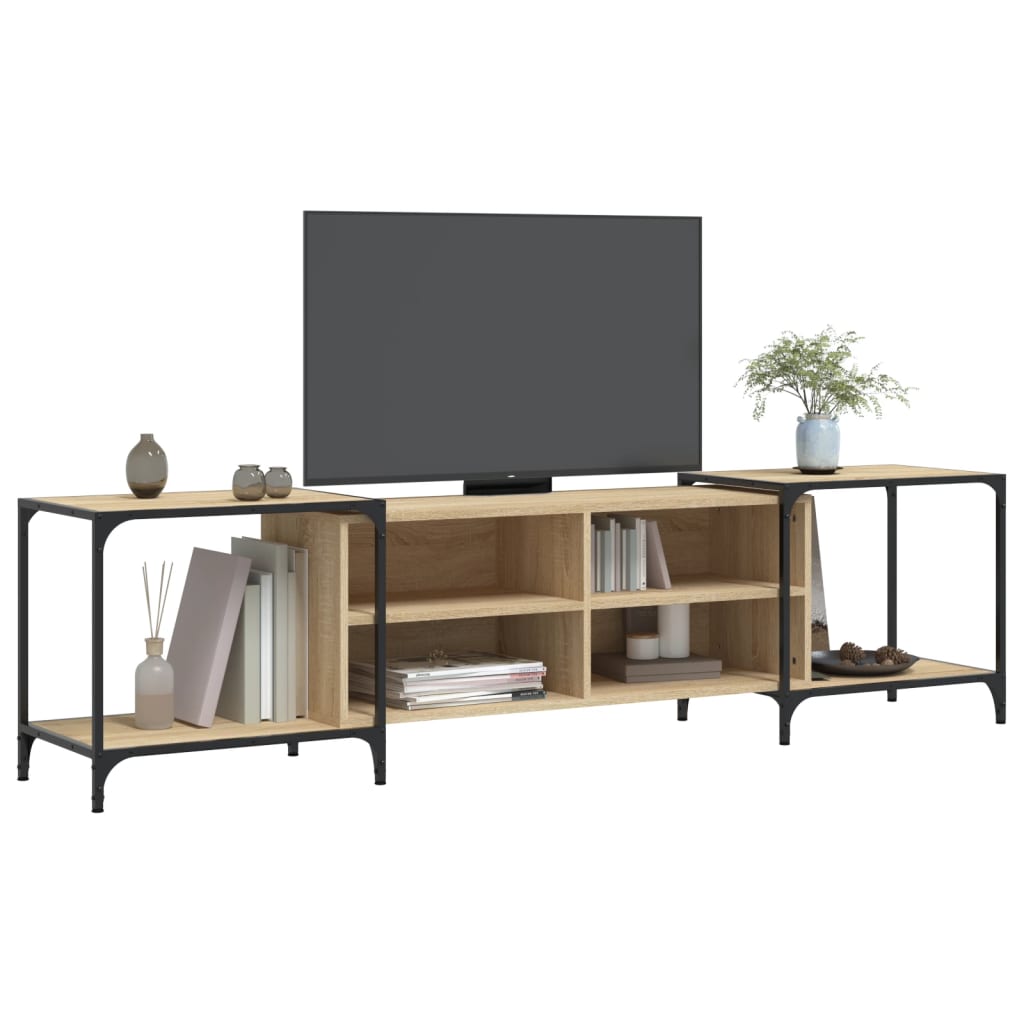 Industrial Wooden Wide TV Tele Stand Unit Cabinet With Open Storage Shelves Wood