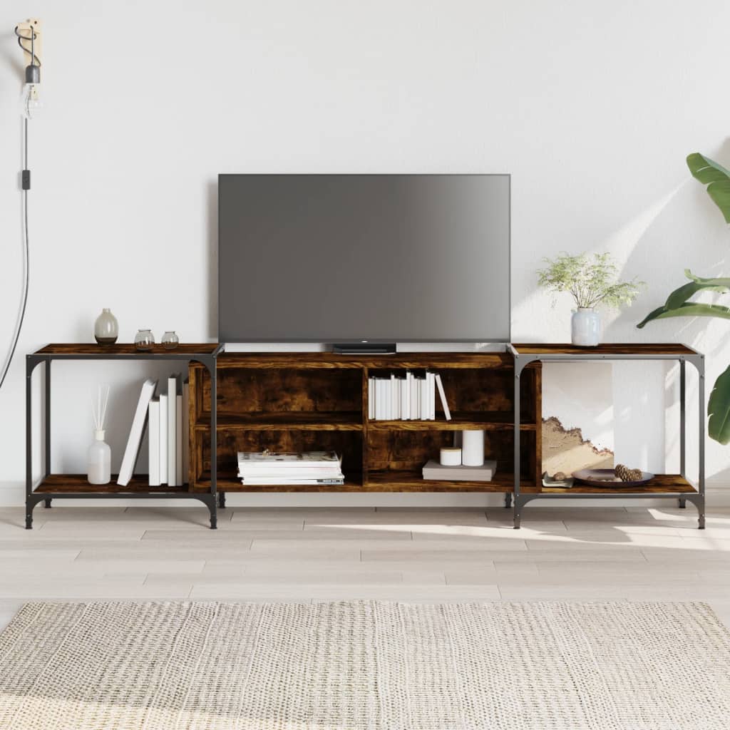 Industrial Wooden Wide TV Tele Stand Unit Cabinet With Open Storage Shelves Wood
