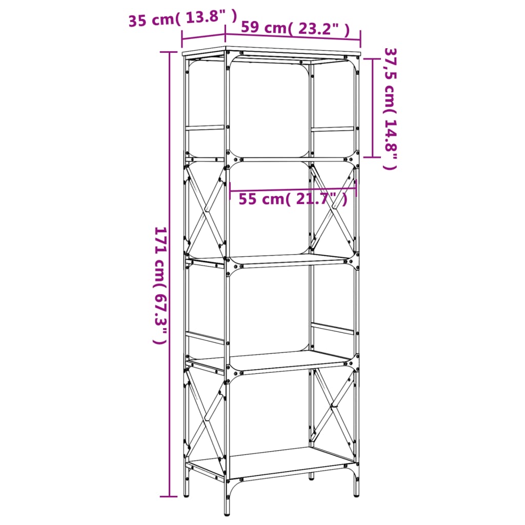 Bookcase 5-Tier Smoked Oak 59x35x171 cm Engineered Wood