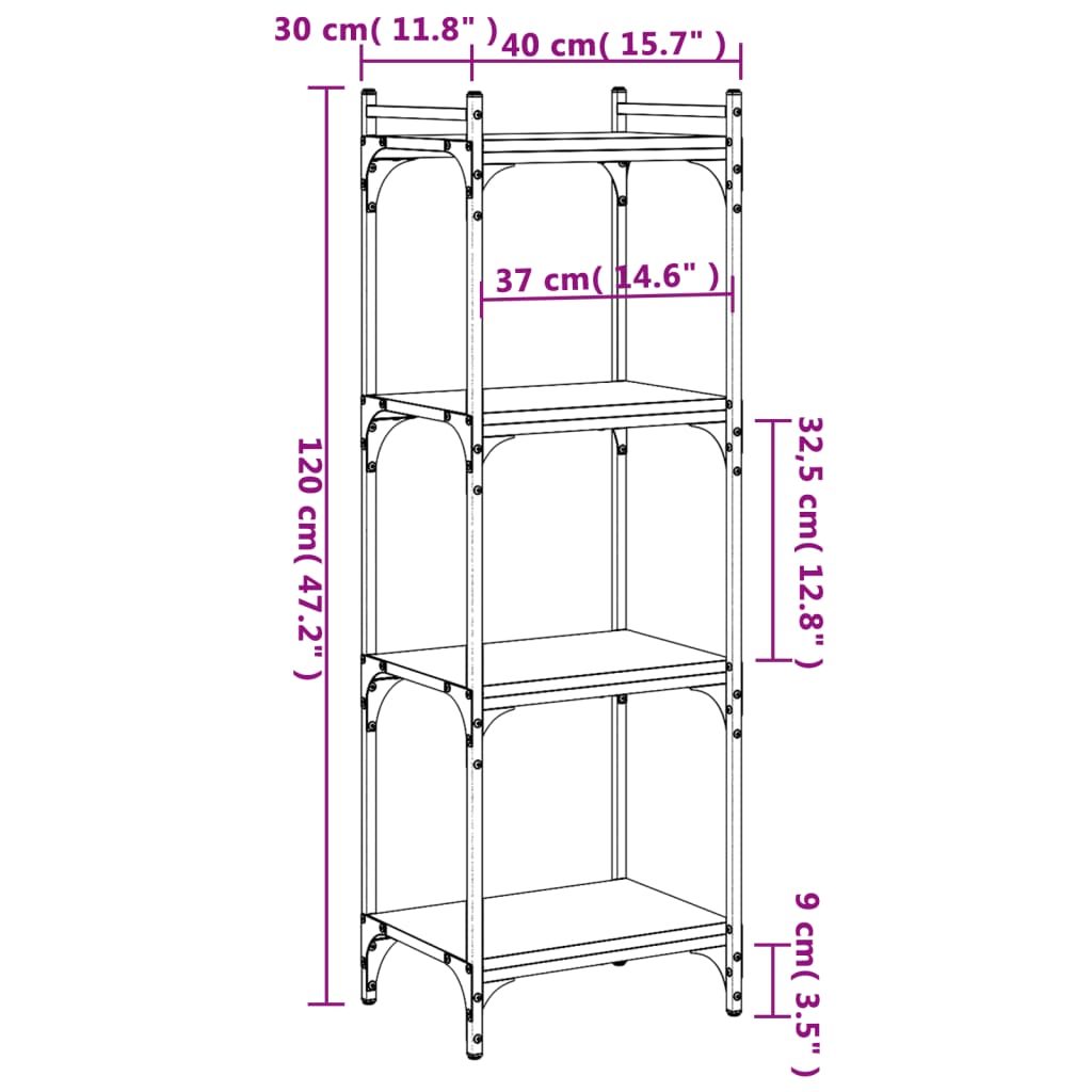 Bookcase 4-Tier Grey Sonoma 40x30x120 cm Engineered Wood
