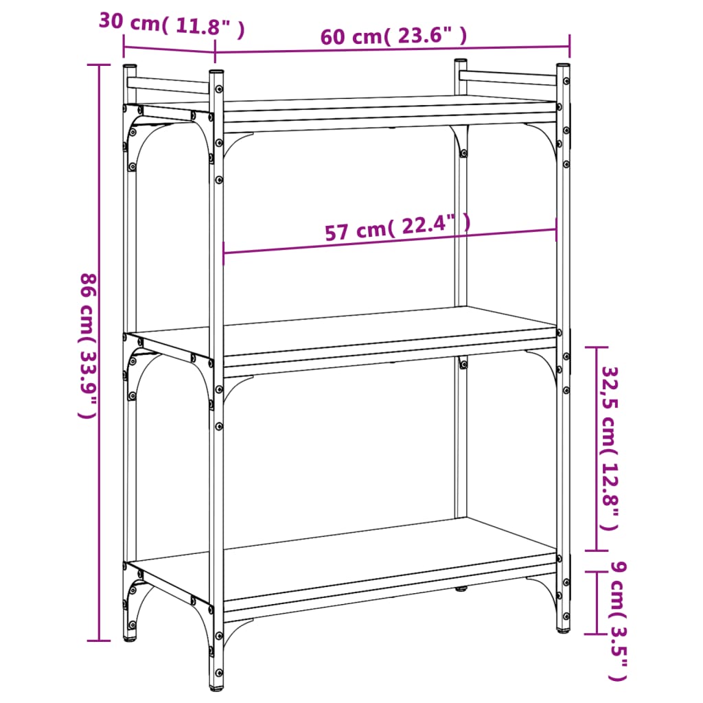 Bookcase 3-Tier Brown Oak 60x30x86 cm Engineered Wood