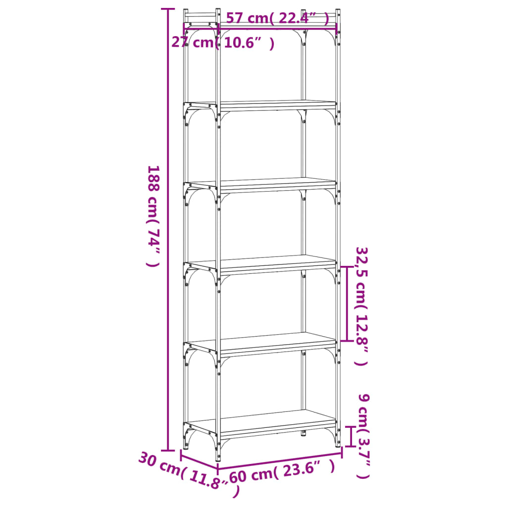 Bookcase 6-Tier Smoked Oak 60x30x188 cm Engineered Wood