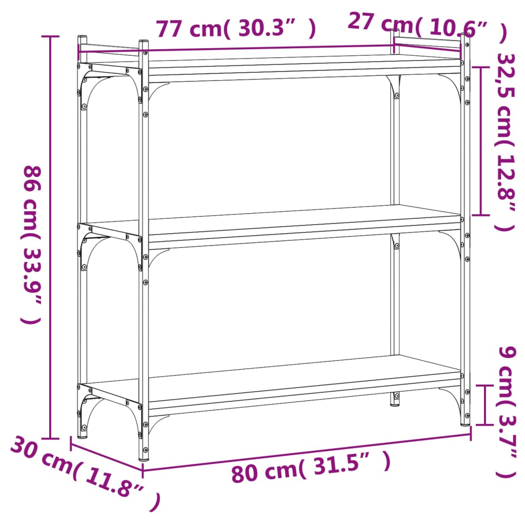 Bookcase 3-Tier Black 80x30x86 cm Engineered Wood