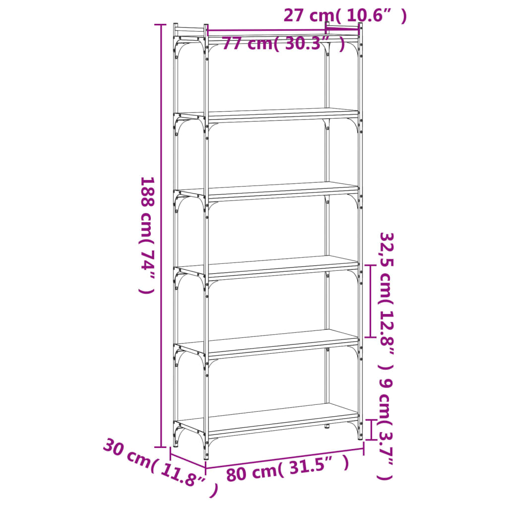 Bookcase 6-Tier Smoked Oak 80x30x188 cm Engineered Wood