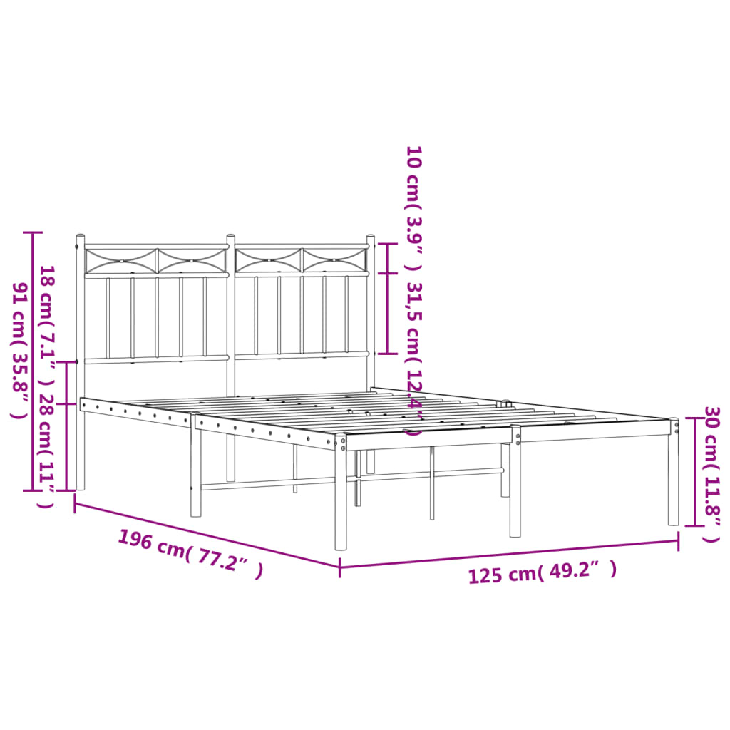 Metal Bed Frame without Mattress with Headboard Black 120x190cm