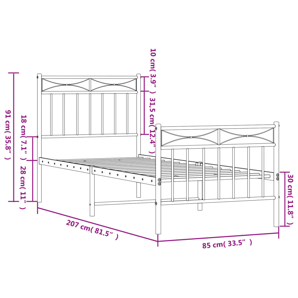Metal Bed Frame without Mattress with Footboard Black 80x200cm