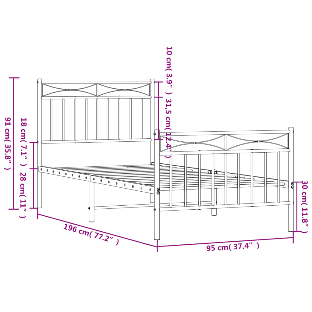Metal Bed Frame without Mattress with Footboard Black 90x190cm