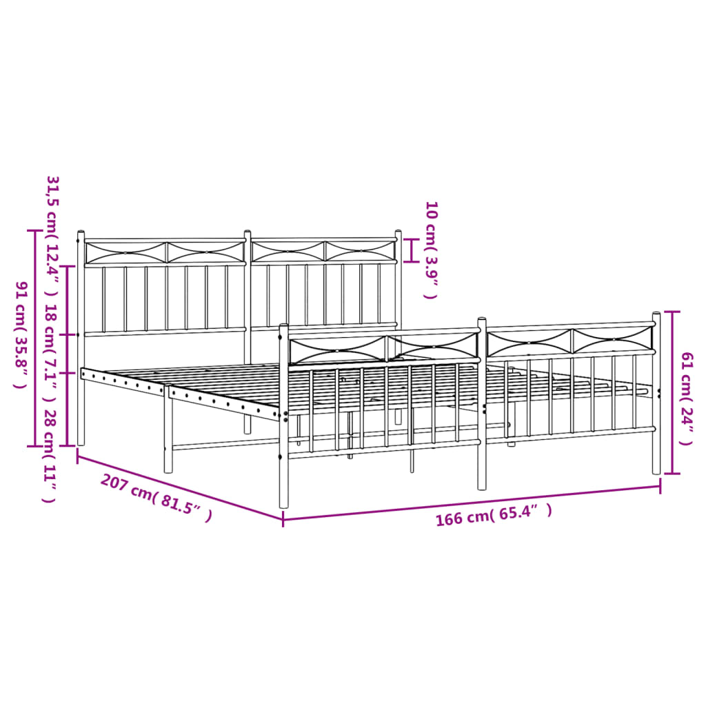 Metal Bed Frame without Mattress with Footboard Black 160x200cm