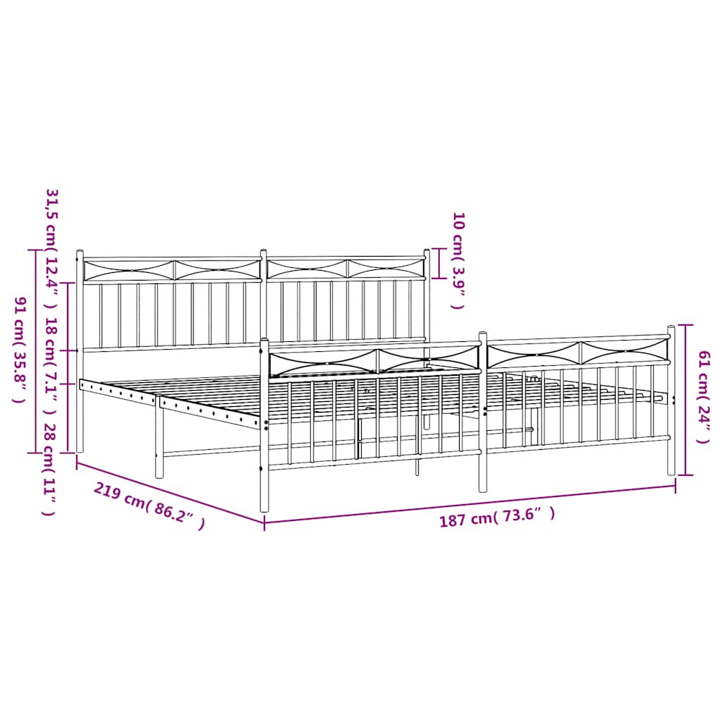 Metal Bed Frame without Mattress with Footboard Black 183x213cm