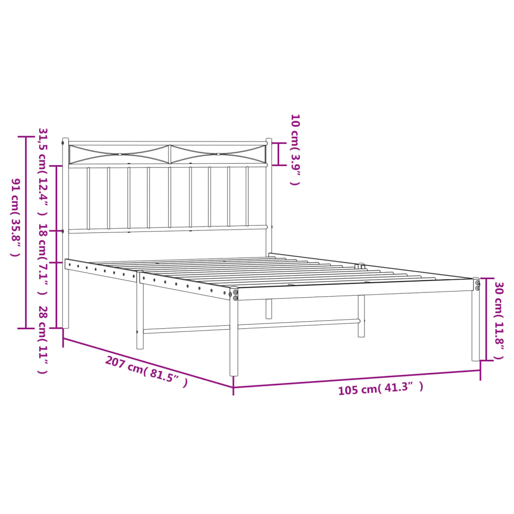 Metal Bed Frame without Mattress with Headboard White 100x200cm