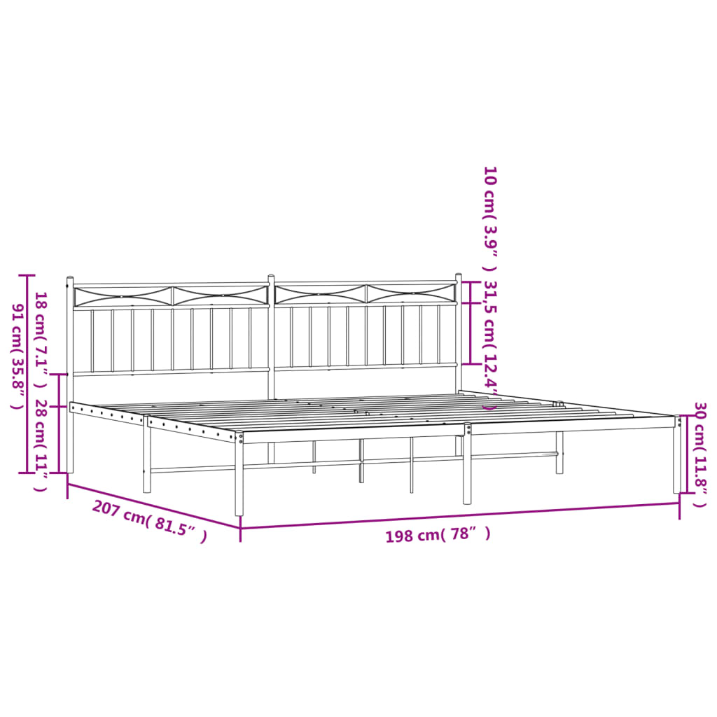 Metal Bed Frame without Mattress with Headboard White 193x203cm