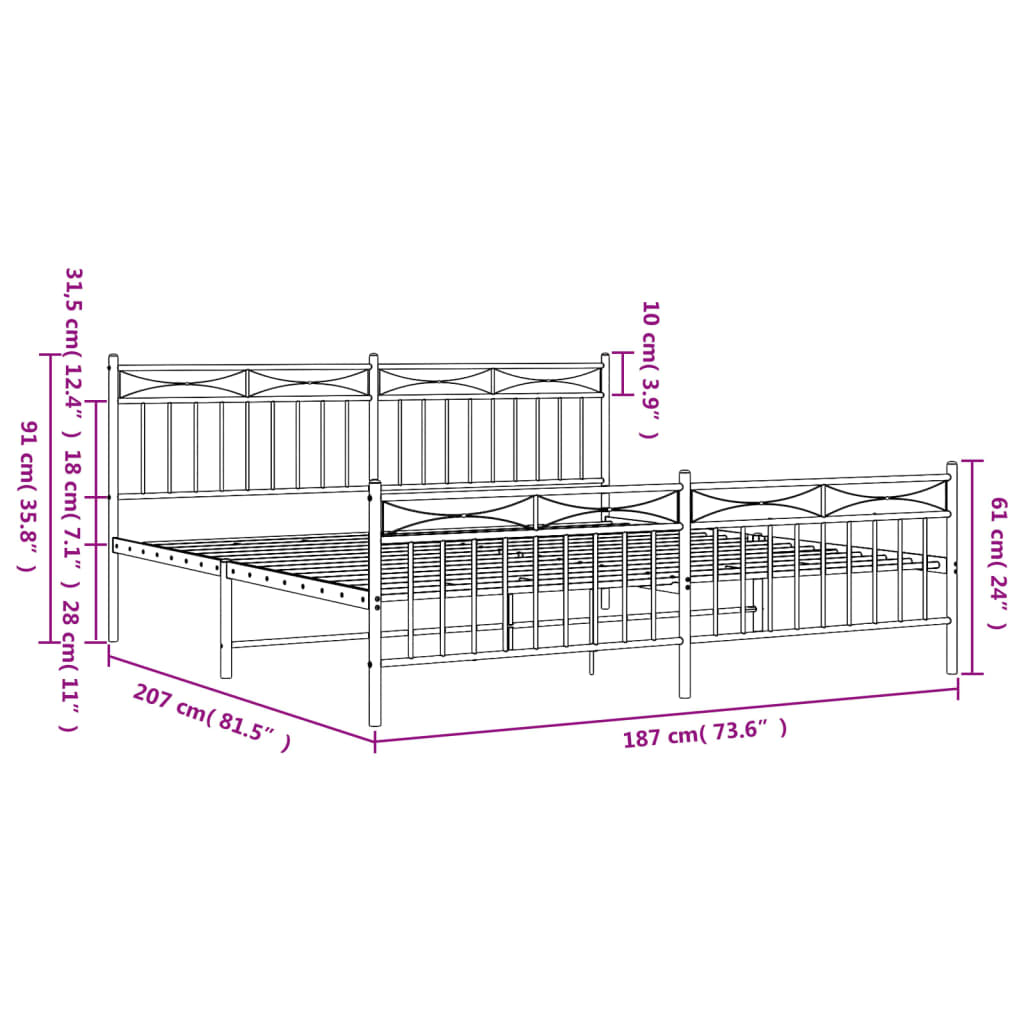 Metal Bed Frame without Mattress with Footboard White 180x200cm