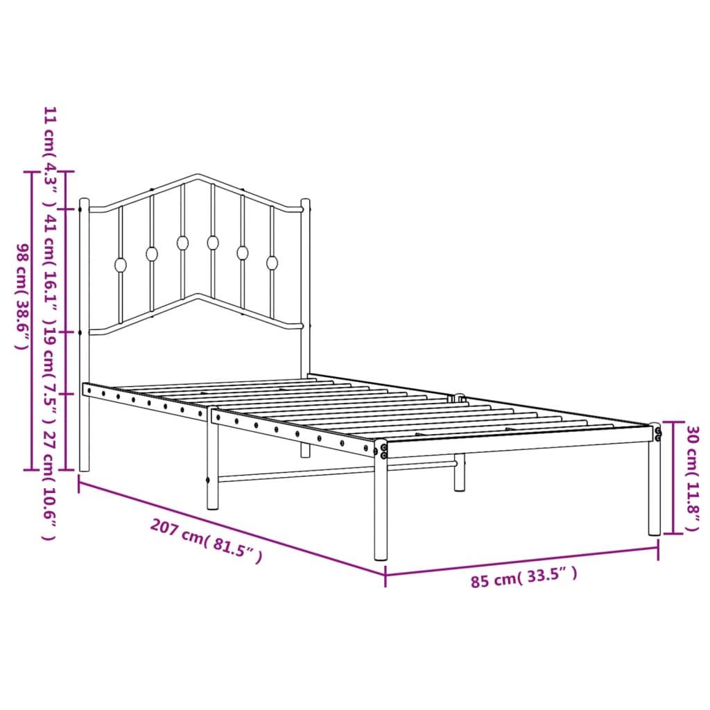 Metal Bed Frame without Mattress with Headboard Black 80x200cm