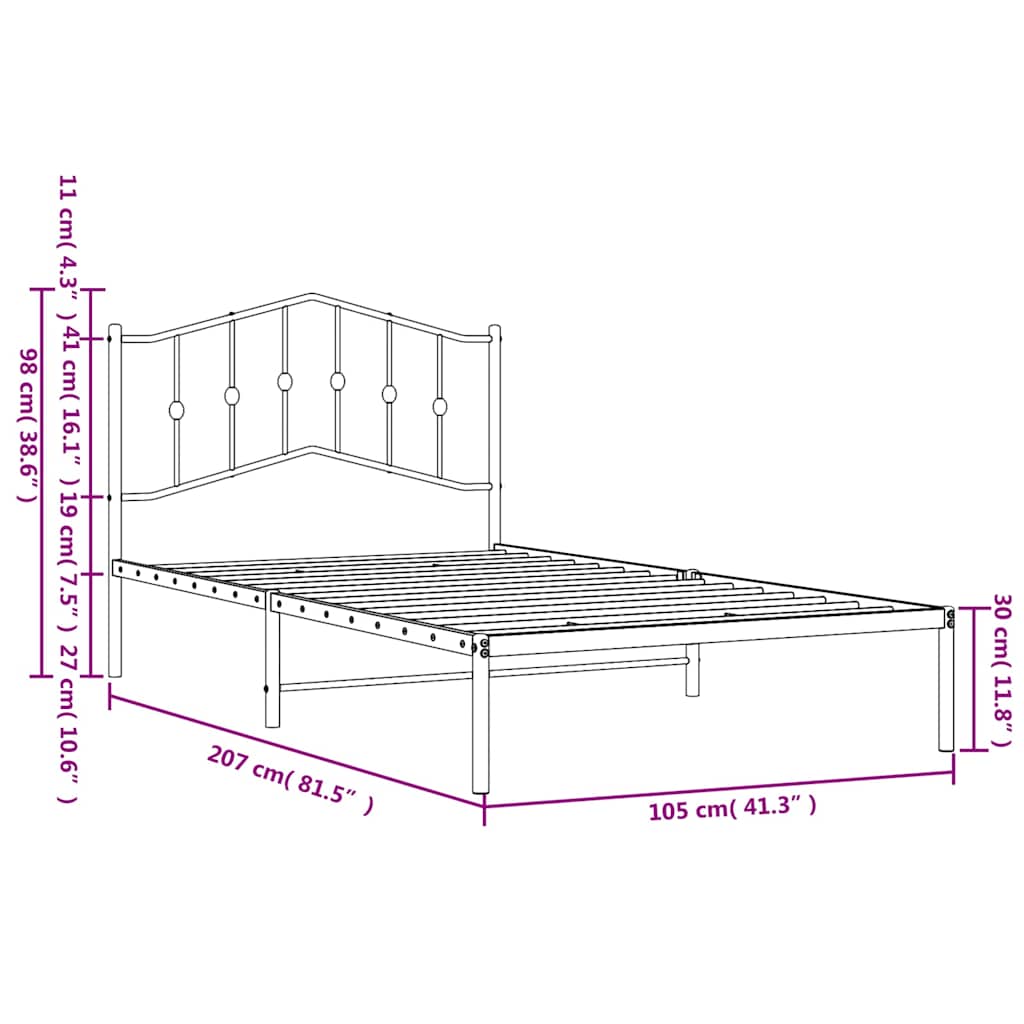 Metal Bed Frame without Mattress with Headboard Black 100x200cm