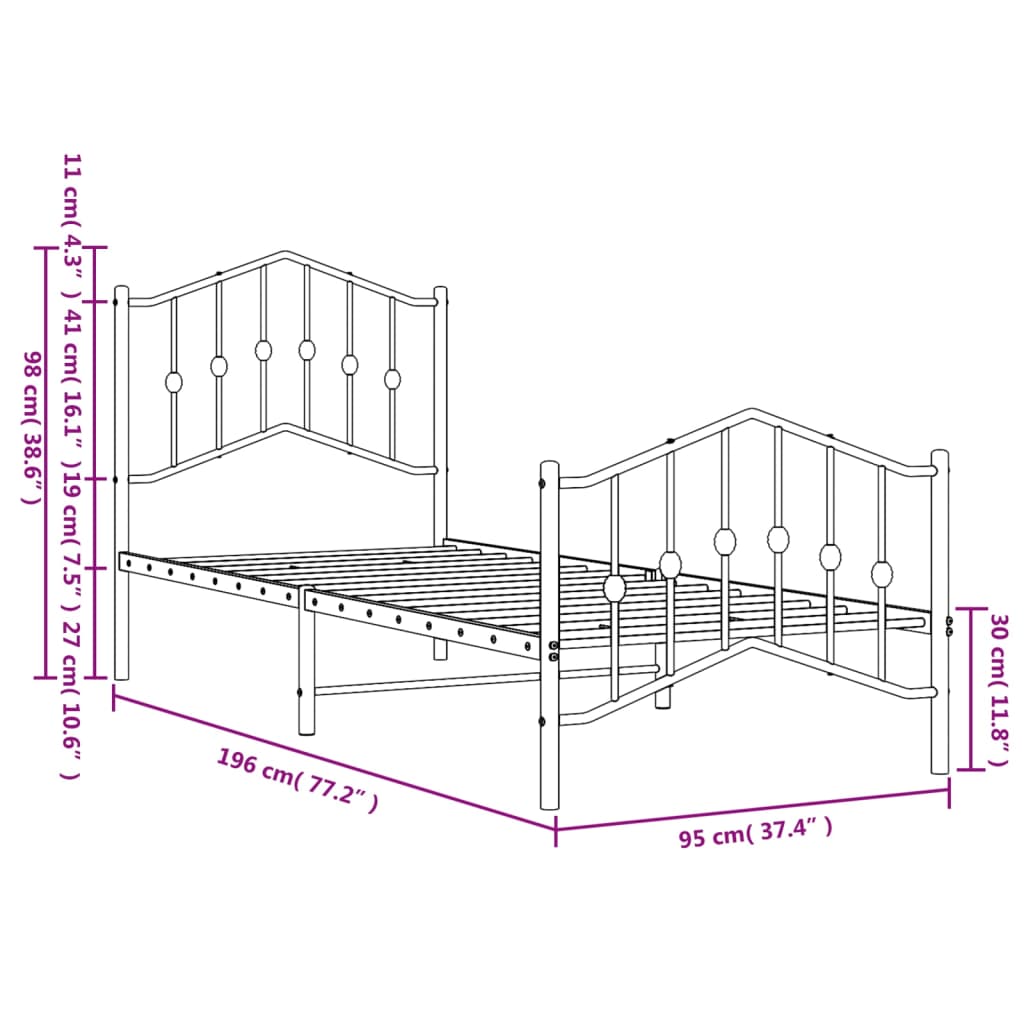 Metal Bed Frame without Mattress with Footboard White 90x190cm