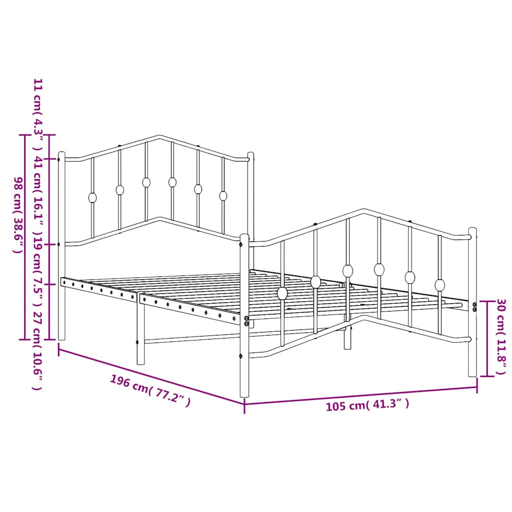 Metal Bed Frame without Mattress with Footboard White 100x190cm