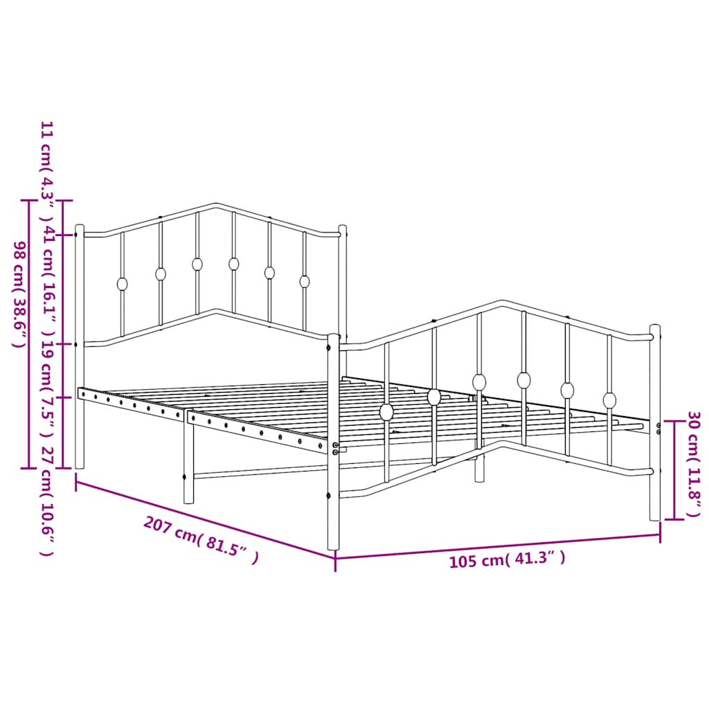 Metal Bed Frame without Mattress with Footboard White 100x200cm