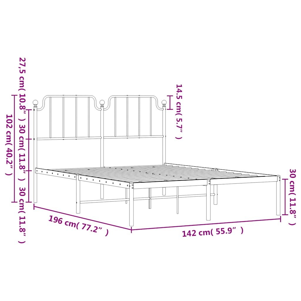 Metal Bed Frame without Mattress with Headboard Black 135x190cm