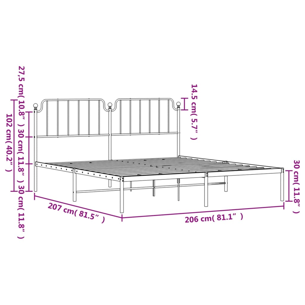 Metal Bed Frame without Mattress with Headboard White 200x200cm
