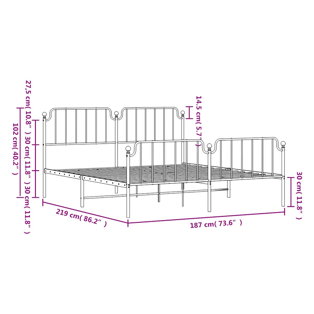 Metal Bed Frame without Mattress with Footboard White 183x213cm