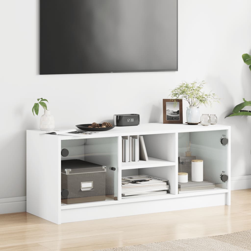 Modern Wooden TV Tele Stand Unit Cabinet With Glass Doors & Storage Wood