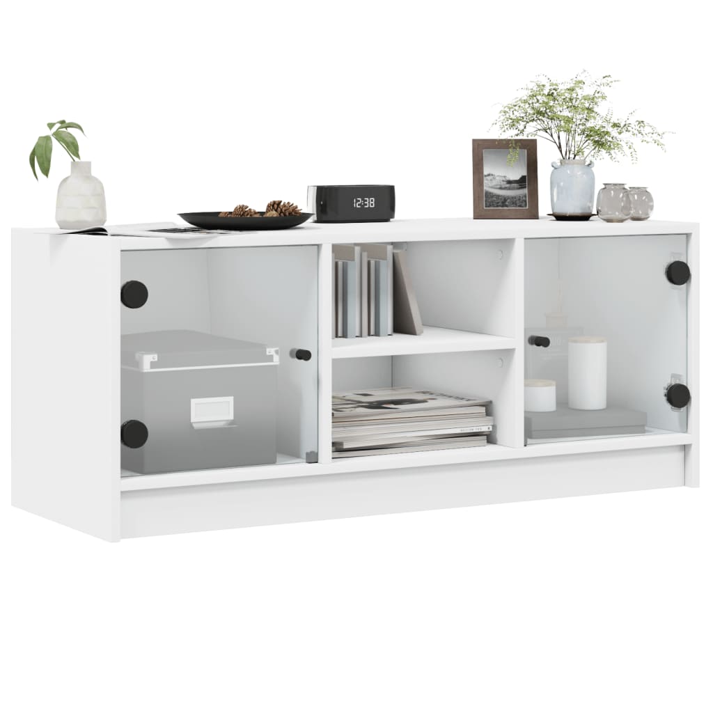 Modern Wooden TV Tele Stand Unit Cabinet With Glass Doors & Storage Wood