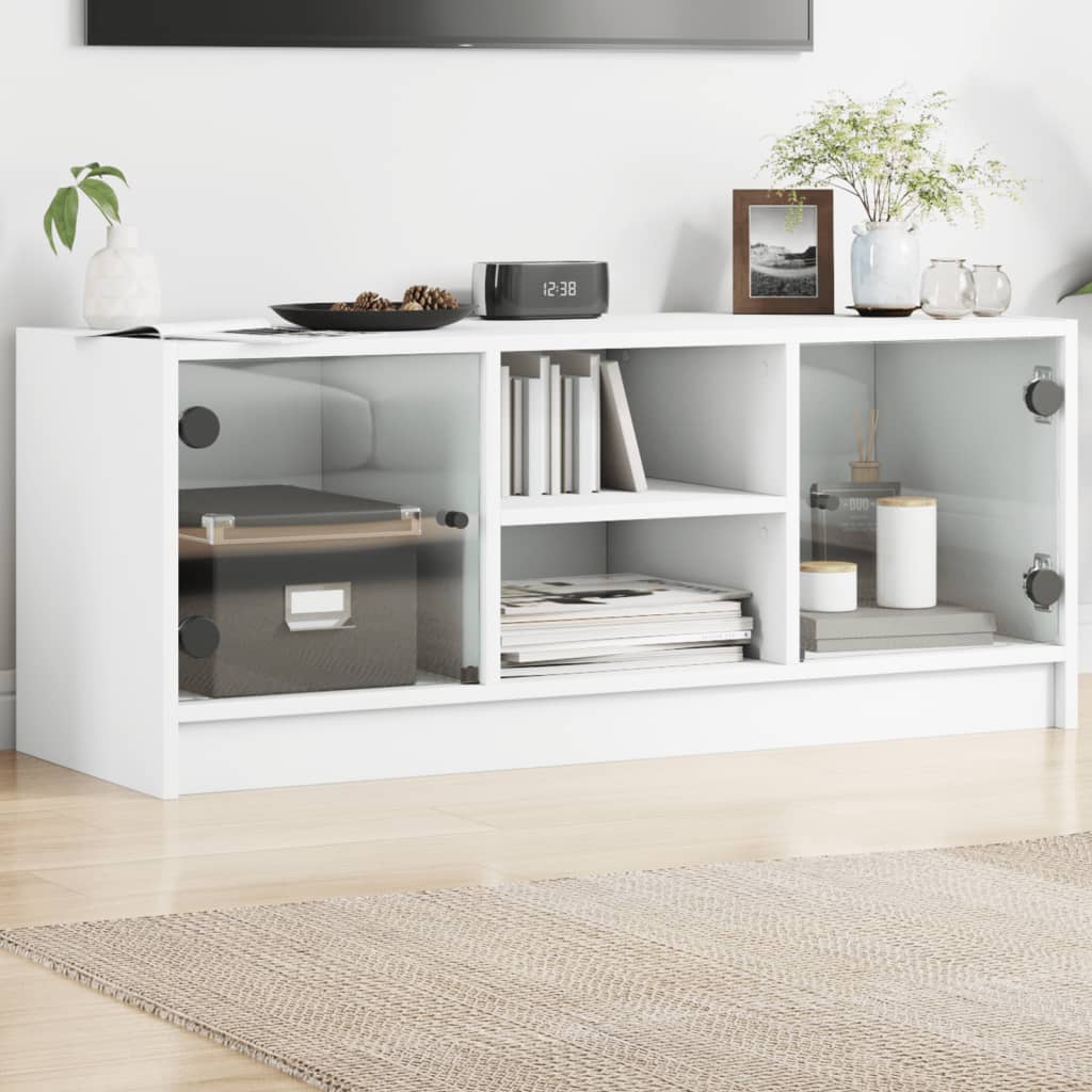 Modern Wooden TV Tele Stand Unit Cabinet With Glass Doors & Storage Wood