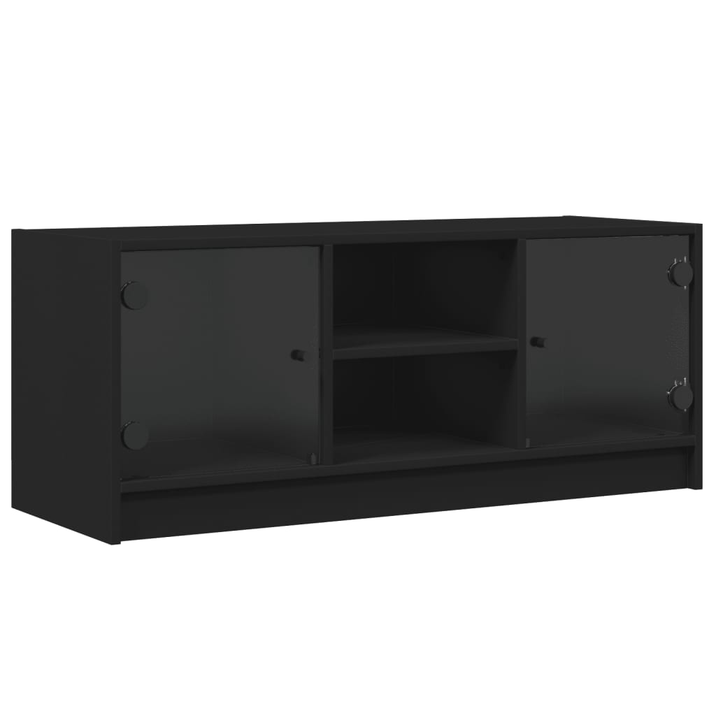 Modern Wooden TV Tele Stand Unit Cabinet With Glass Doors & Storage Wood