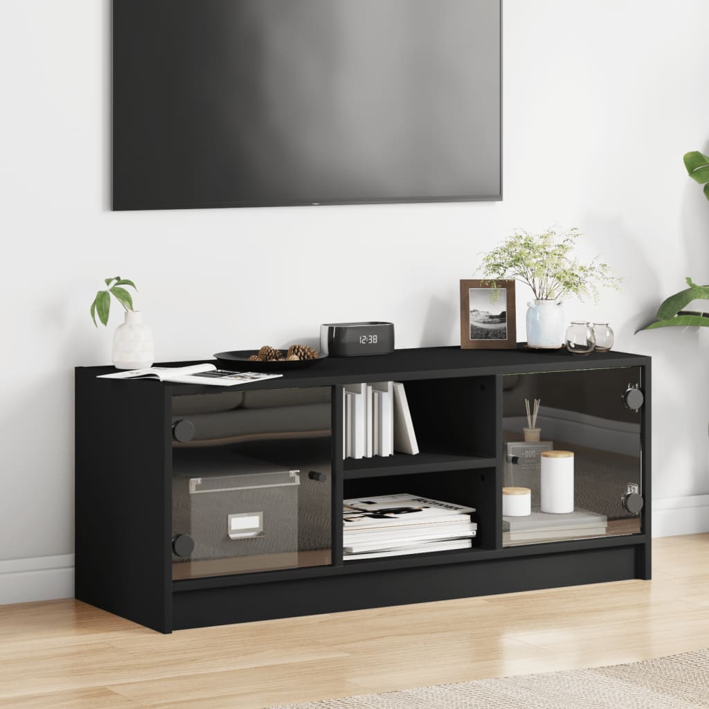 Modern Wooden TV Tele Stand Unit Cabinet With Glass Doors & Storage Wood