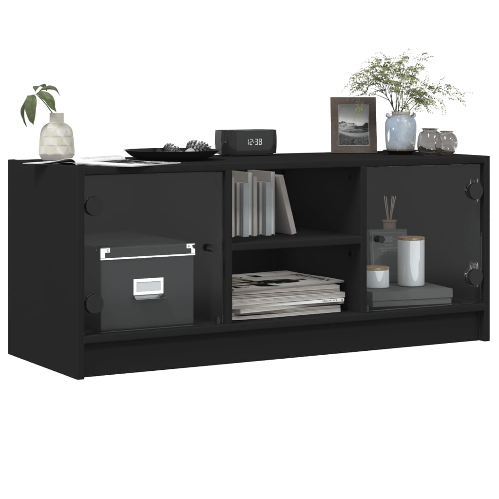 Modern Wooden TV Tele Stand Unit Cabinet With Glass Doors & Storage Wood