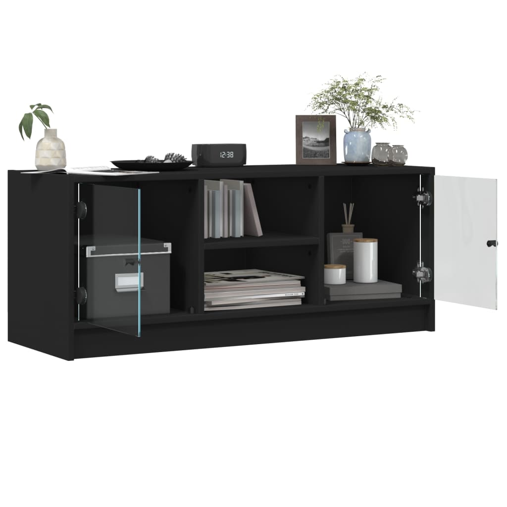 Modern Wooden TV Tele Stand Unit Cabinet With Glass Doors & Storage Wood