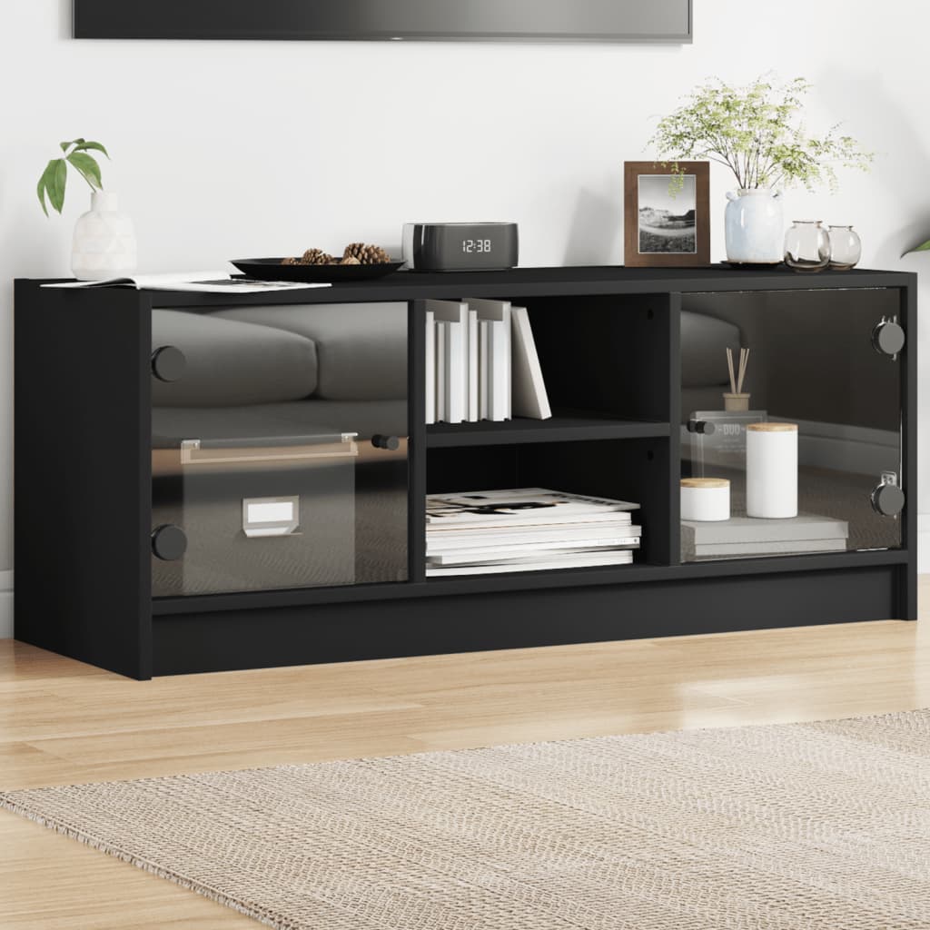 Modern Wooden TV Tele Stand Unit Cabinet With Glass Doors & Storage Wood