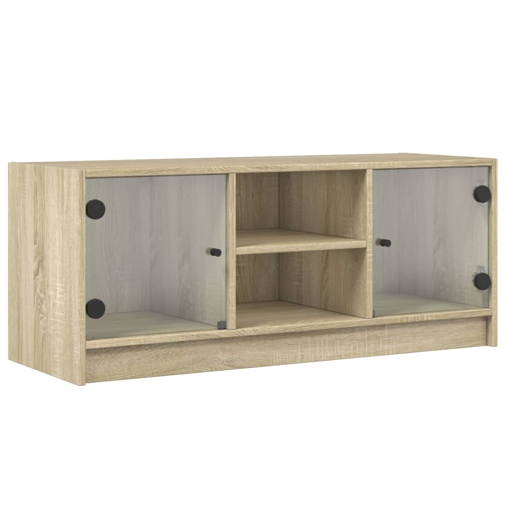Modern Wooden TV Tele Stand Unit Cabinet With Glass Doors & Storage Wood